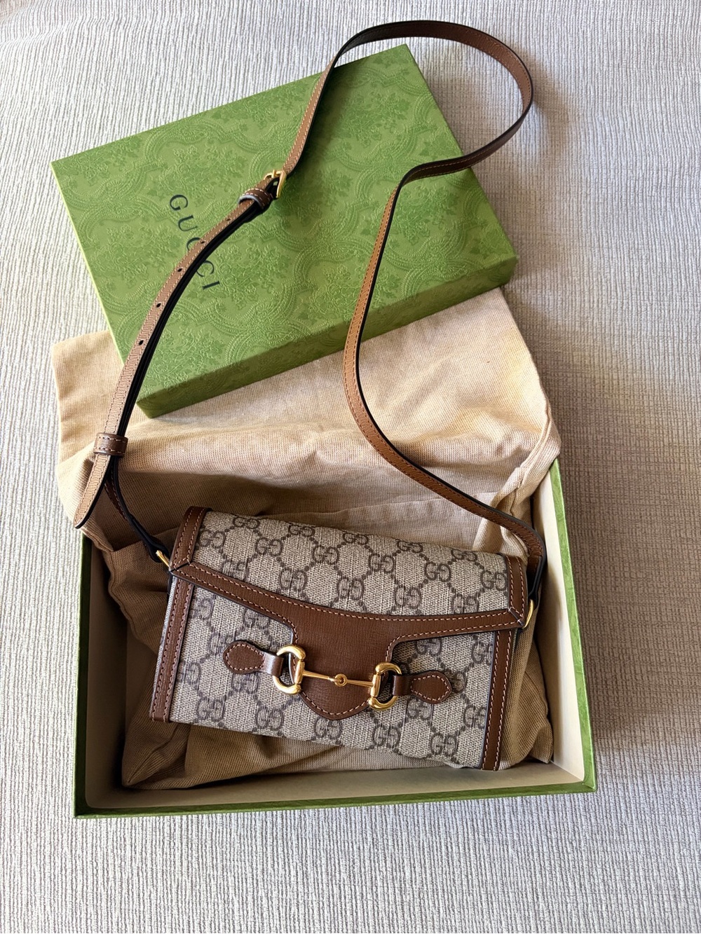 Gucci Beige GG Canvas Crossbody with Brown Leather Trim - Picture 2 of 9